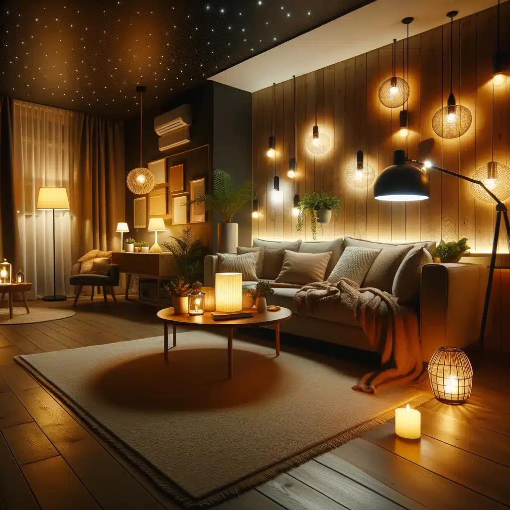 A cozy and inviting living room at night